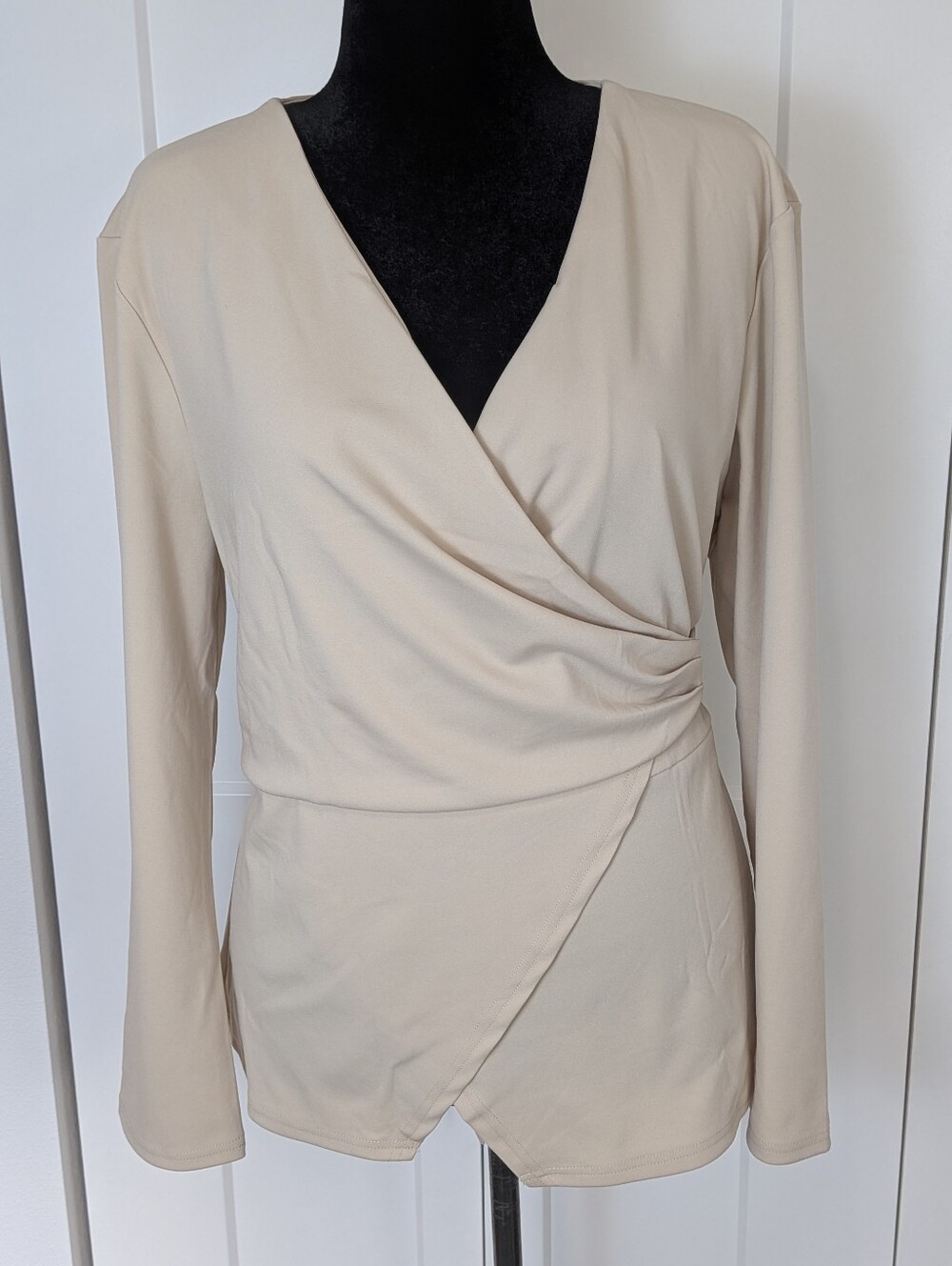 New GRACE KARIN Vanilla beige Wrap Blouse Top Long Sleeves Sz XL Ivory Cream